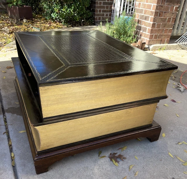 Vintage Maitland-Smith Leather and Wood Stacked Book Coffee Table With Glass Top