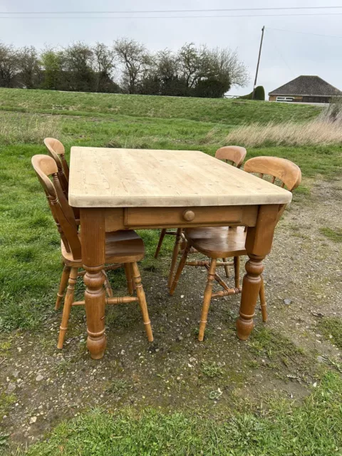Chunky Heavy Solid Pine Farmhouse Kitchen Dining Table With Drawer And Chairs