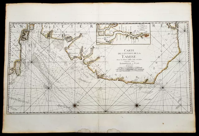 1693 Jaillot Large Sea Chart, Map SE England & Thames Estuary, Clay to Sandwich