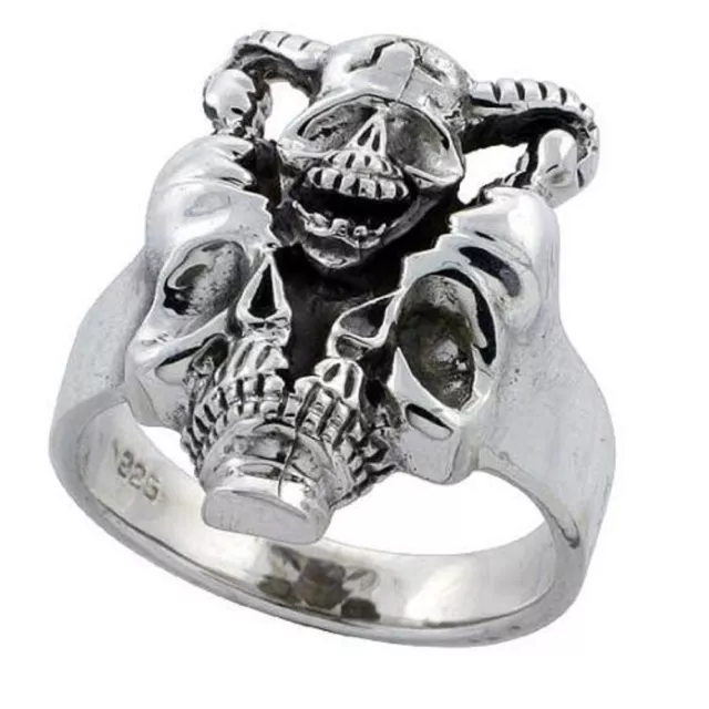 Sterling Silver Horned Skull Biker Ring