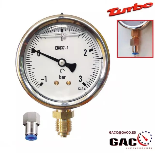 MANOVACUOMETRO -1 a 3 Bar TURBO GLICERINA + RACOR AUTOMATICO PARA TUBO DE 6MM