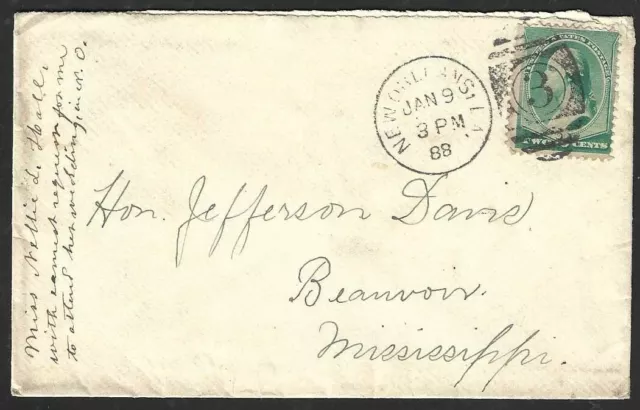 1888 Cover New Orleans to Confederacy President JEFFERSON DAVIS Beauvoir Miss.