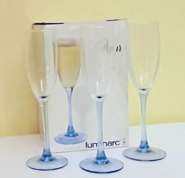 3 AZUR LUMINARC Cristal DArques-Durand Blue Crystal Flute Champagne Stem Glasses