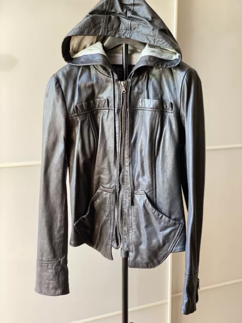 | giacca giubbino in pelle donna Tg. S | woman's leather jacket Con Cappuccio