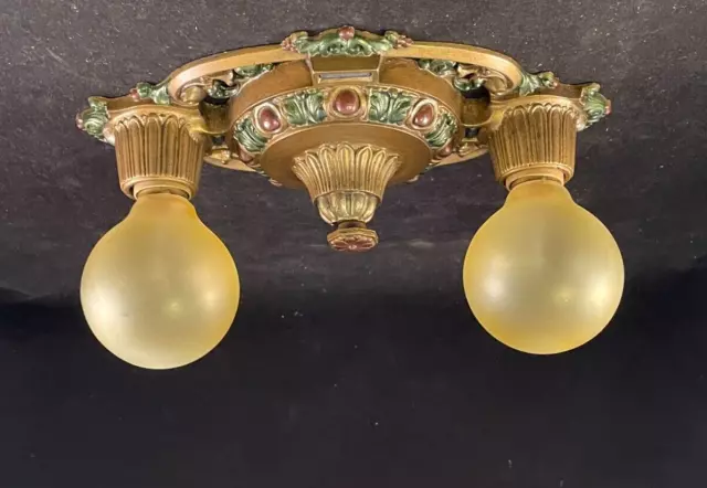 1930-40s Art Deco cast Metal Flush Mount 2 light Fixture