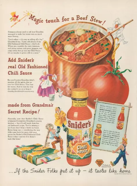 1947 Snider's Chili Sauce Magic Touch For A Beef Stew Like Home Vintage Print Ad