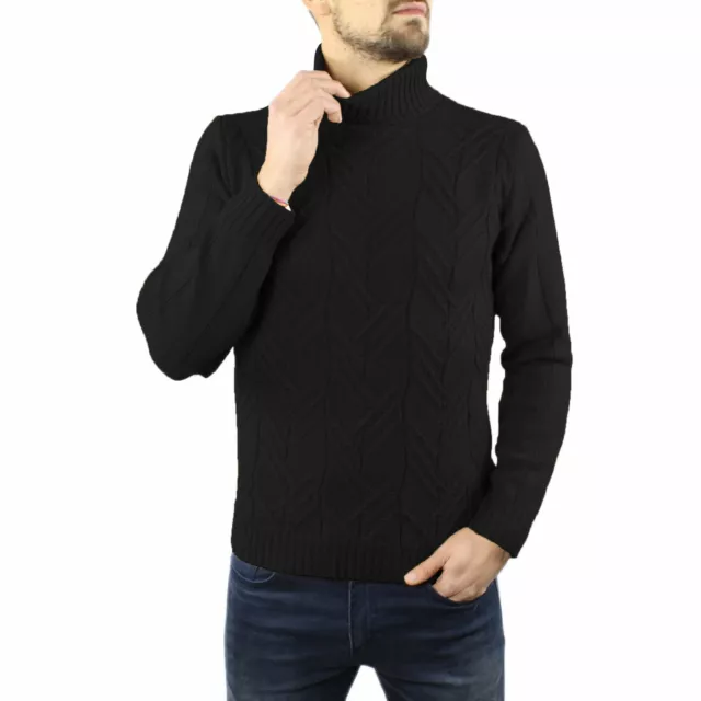 Maglione Uomo Nero Collo Alto Lana Pesante Dolcevita Trecce Lupetto Maglioncino
