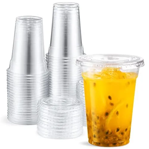 9 oz Plastic Cups with Lids 100 Sets Disposable Clear Cups with Lids Cold Dri...