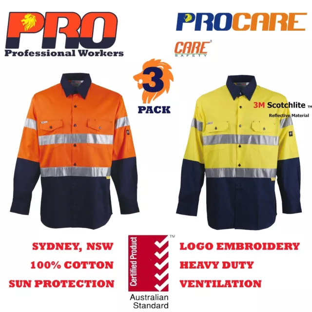 3 pack Hi Vis Work Shirt with vent cotton drill 3M reflective Tape long sleeve