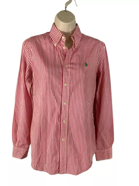 Ralph Lauren Custom Fit LS Button Up Women’s Size 6 Hot Pink White Stripe Pony