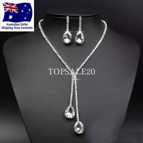 Silver Crystal Drop Necklace Wedding Bridal Prom Rhinestone Earrings Jewelry Set