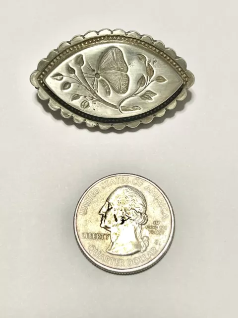 Antique Victorian Silver Aesthetic Movement Brooch with Etched Butterfly Design