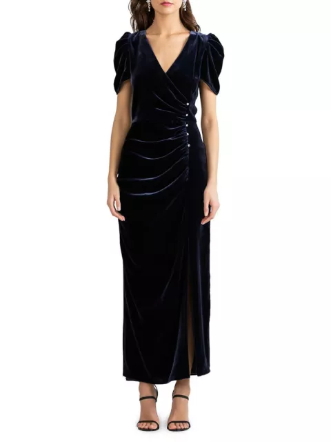 Shoshanna Ada Short Puff-Sleeve Slit Dress, Surplice-neck, Navy Size 4, $660 NWT
