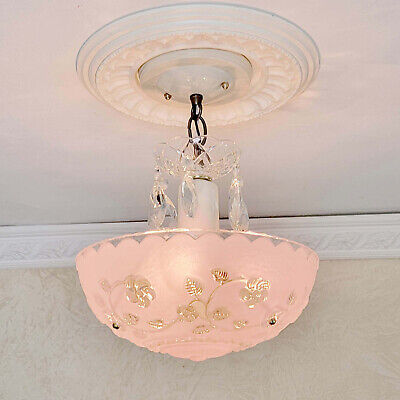 591a Antique/Vtg 30's 50's aRT DEco CEILING LIGHT Glass shade chandelier fixture