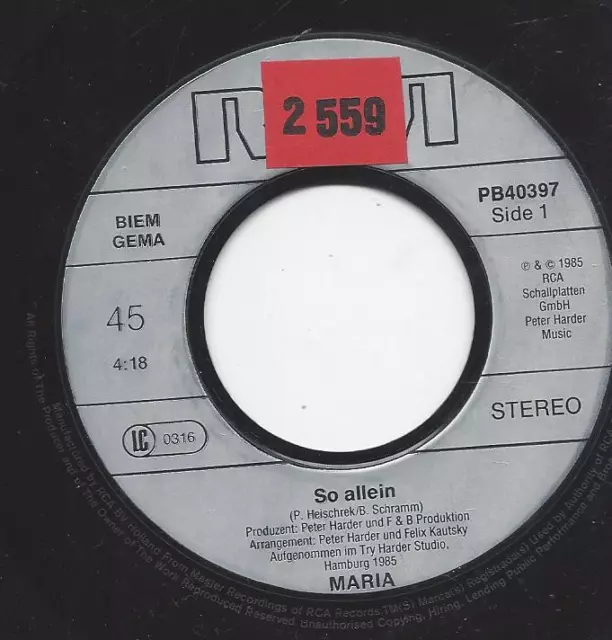 Maria ( Peter Harder Produktion ) : So Allein + Geh  - 7inch 1985 Vinyl Single