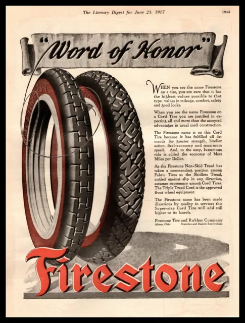 1917 Firestone Rubber Cord Tires "Word Of Honor" Akron Ohio Vintage Print Ad