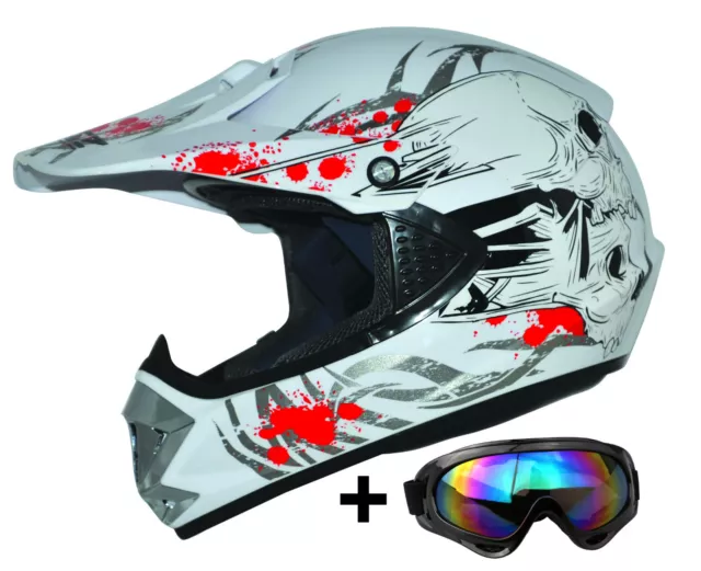 Kids Pro Weiß S Kinder Motorradhelm Brille ATO Cross Helm MX Crossbrille Enduro