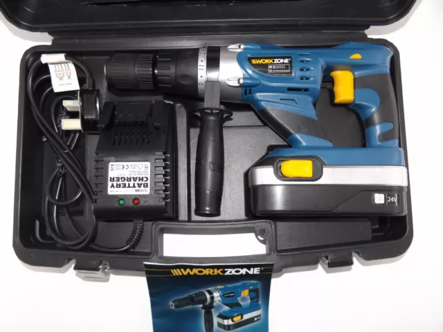 WORK ZONE 24 Volt Cordless Hammer Drill with Charger and Case Band New Unused 9.99 PicClick UK