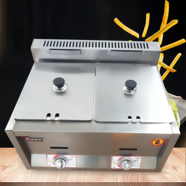 Gas Deep Fryer 6Lx2 Tanks Commercial Countertop Stainless Steel Frying Machine