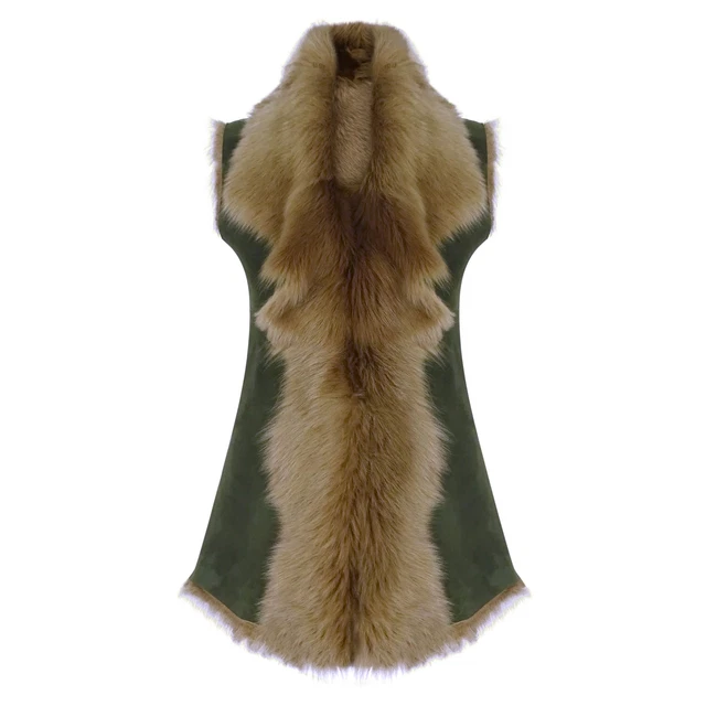 Ladies Women Real Spanish Shearling Sheepskin Toscana Olive Long Waistcoat Gilet Ladies Women Real Spanish Shearling Sheepskin Toscana Olive Long Waistcoat Gilet