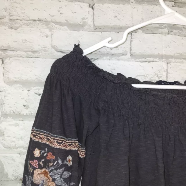 American Eagle Top Women XS Gray Smocked Embroidered Off The Shoulder Boho 3