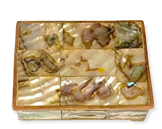 Vintage Abalone Mother of Pearl Mexico Trinket Box Wood Interior, Surface Tiles