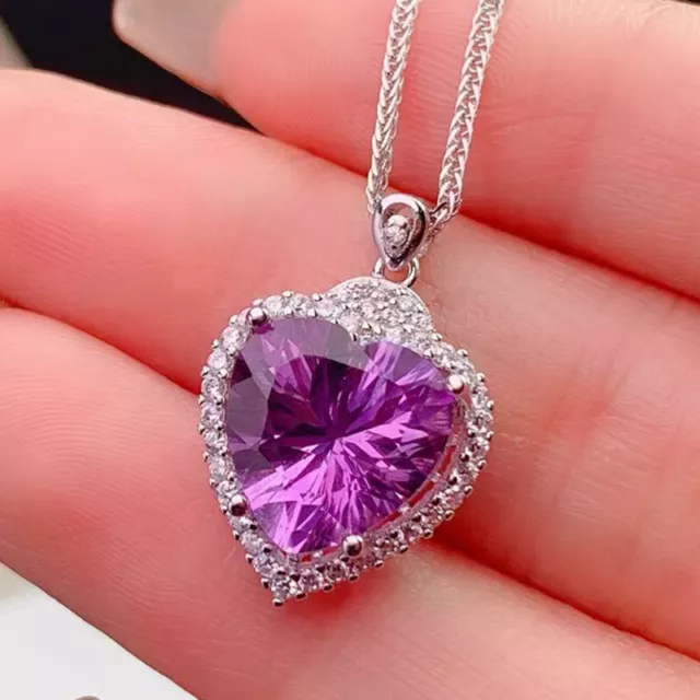 New Huge Lovely Heart Mystical Purple Amethyst Gem Women Silver Charm Necklace