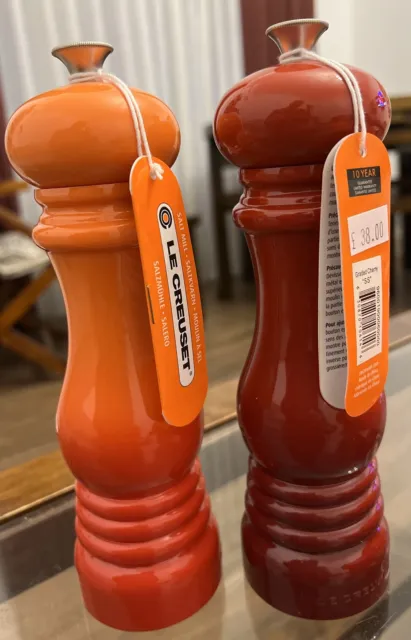 NEW Le Creuset Classic Salt & Pepper Mill Set - Volcanic And Cerise Red Combo