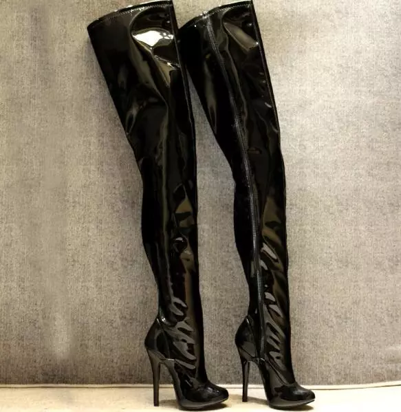 Women's Stilettos Super High Heels Patent Leather Boots 14Cm Over The Knee Boots