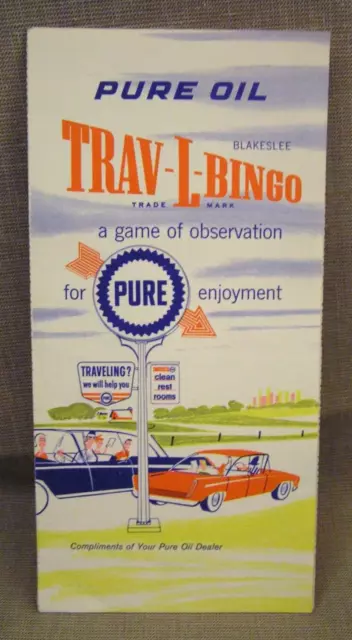 1951 Vtg Pure Oil Gas Station Trav-L-Bingo Travel Game Brochure w/4 Cards Nice!