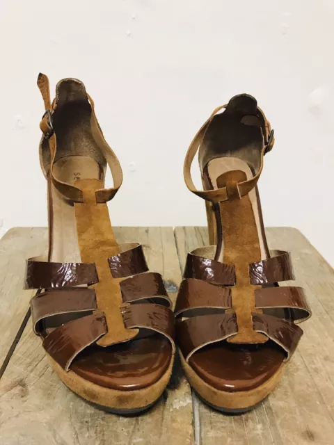 SESSUN Brown Leather Wedge Heeled Sandals Ladies Size 38 / 7 Gorgeous Pre-Loved 3
