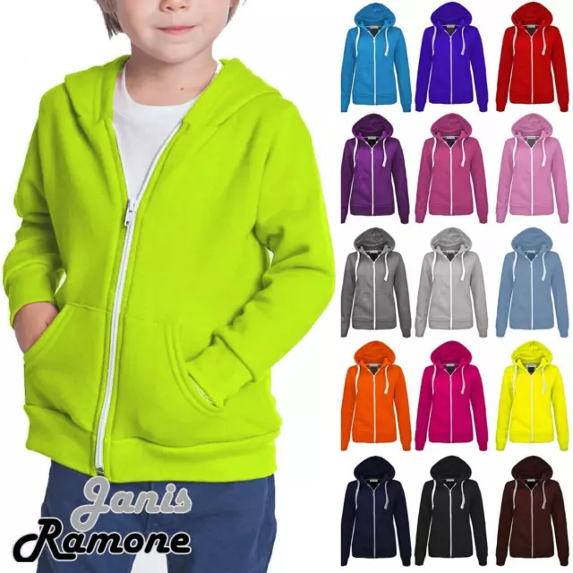 New Kids Girls Boys Plain Unisex Long Sleeve Fleece Zip Up Warm Hoodie Jacket