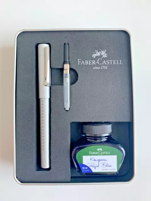 FABER-CASTELL Füllhalter Grip silber mit 30ml Tinte Königsblau, NEU