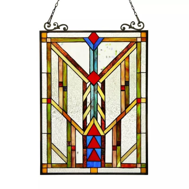 25" x 18" Tiffany Style stained Glass Triangular Mission Hanging Window Panel