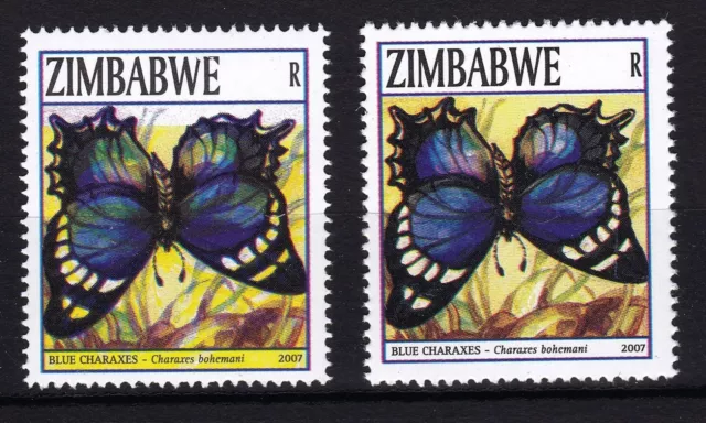 Zimbabwe 2007 ERROR 'yellow box' in R-value of the Butterflies issue, MNH / ** 2