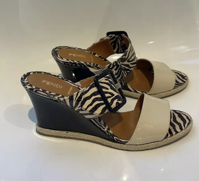 Fendi Leopard Buckle Strap Sandal With Patent Leather Wedge Heel. 39/8.5