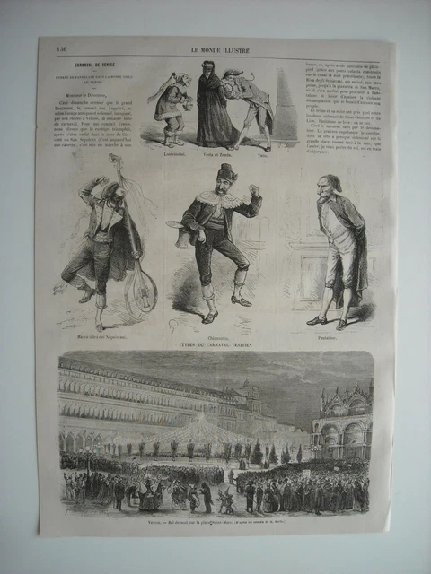 Gravure 1868. Carnaval De Venise.  Bal De Nuit Sur La Place Saint-Marc. Types Du