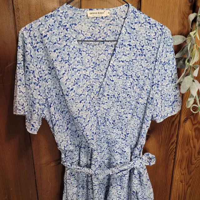 anna-kaci floral blue summer dress ruffles tie belted flowy short sleeve v-neck