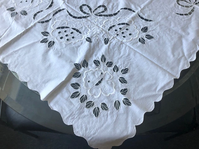 VINTAGE Rectangle White Insert Lace Whitework Embroidery Tablecloth 46 X 60"