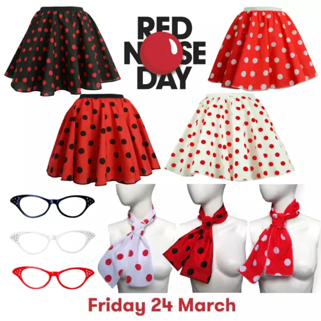 RED NOSE DAY COSTUME UK GIRLS LADIES  Polka Dot Skirt FREE SCARF Fancy Dress