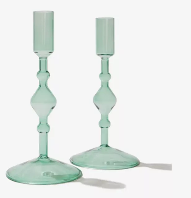 POKETO Set Of 2 Green Hand blown Glass Candle Stick Holders New In Box B52