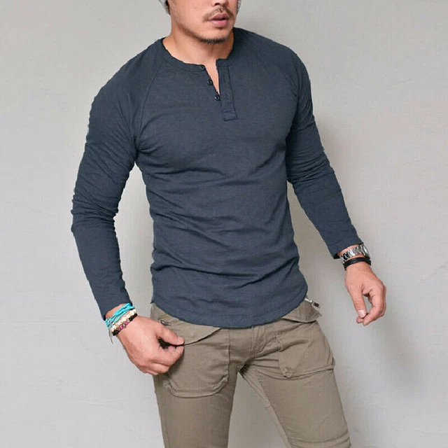 Casual Men Collarless Plain Long Sleeve Henley Grandad T-Shirt Tee Tops Shirts