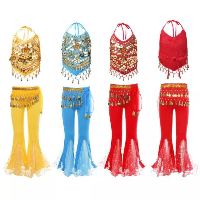 Girls Set 3Pcs Belly Dance Costume Lace-up Outfit Tassel Decor Flared Pants