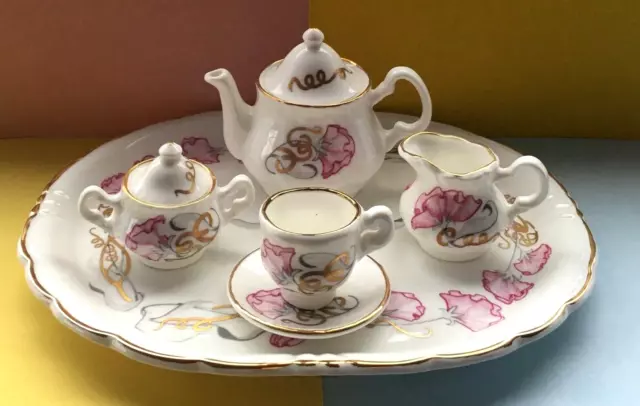 Vintage Chown Miniature Bone China Tea Set For One & Tray,Pink Sweet Peas & Gold