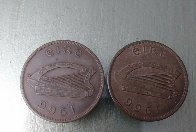 Ireland 1966 One Penny Coin Old Irish 1d Original Hen Chicks Uncleaned and Cir..