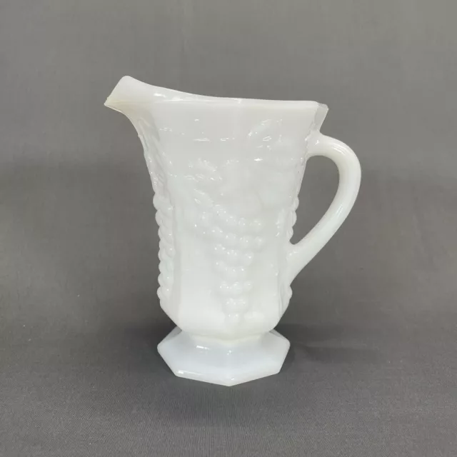 Anchor Hocking Vintage Milk Glass Pitcher 6 1/2" White Grapes & Leaves Design