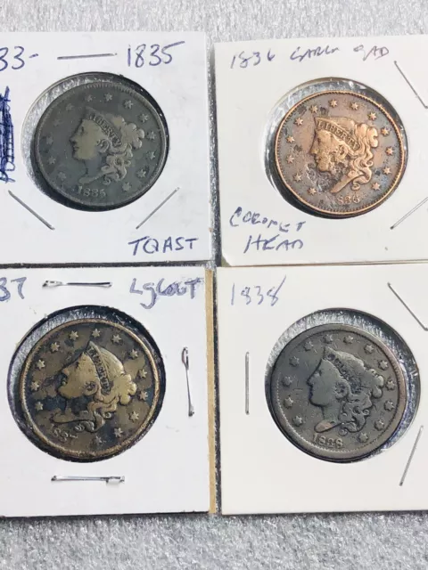 Lot of (4) Coronet Head large  Cents Average to + Early 1800 Copper Penny Large