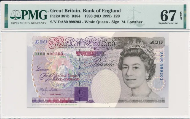 Bank of England Great Britain  20 Pounds 1993 DA999xxx PMG  67EPQ