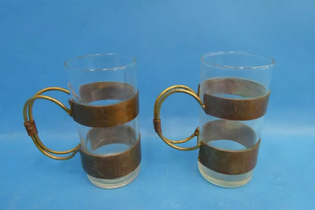 Pair Vintage Used Glass Copper Brass Handle Irish Coffee Drinking Glasses Mugs