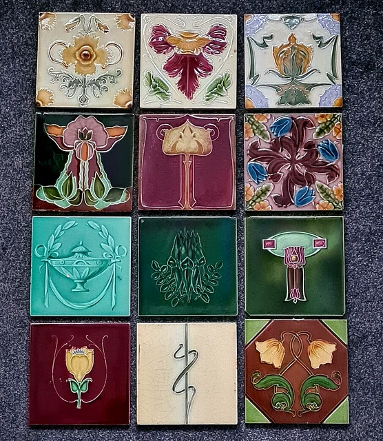 Selection Of Antique Fireplace Tiles Art Nouveau Moulded Majolica C1900